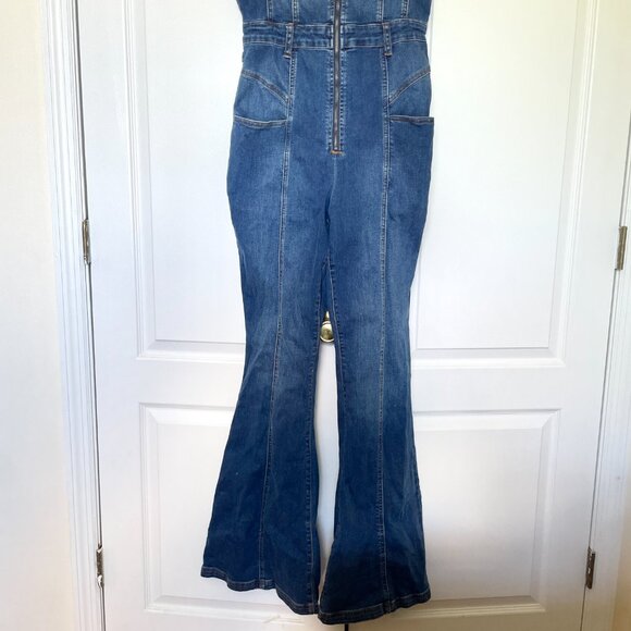 We the Free CRVY Dark Wash Denim Short Sleeve Zip Up Flare Jumpsuit - Picture 3 of 8